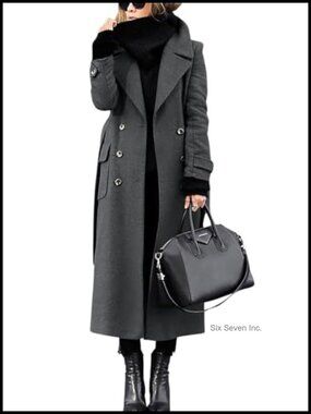 Women's Double Breasted Wool Coat Belted Midi Winter Pea Coat